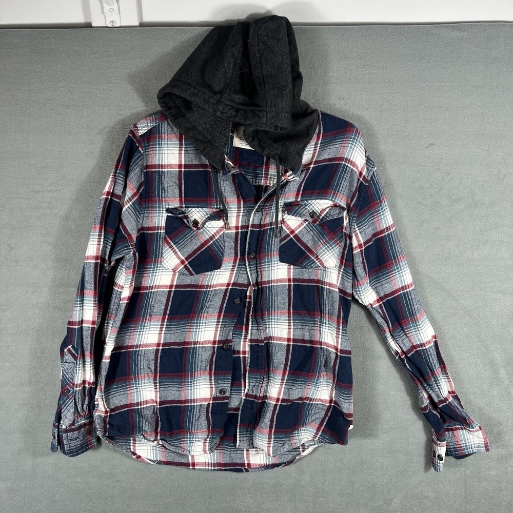 Urban Pipeline Men's Medium Hooded Flannel Shirt Blue Red Plaid Button Up Casual